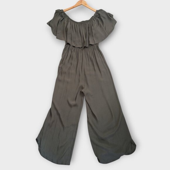 Olive Green Ruffled Off-Shoulder Jumpsuit Size Large Women - Picture 7 of 7